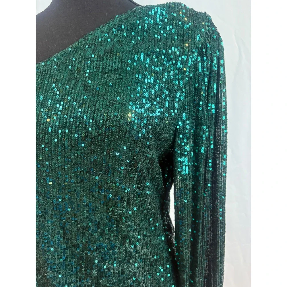 Emerald Green Sequin One Shoulder Long Sleeve Party Top Glam Night Out Blouse - Picture 2 of 7